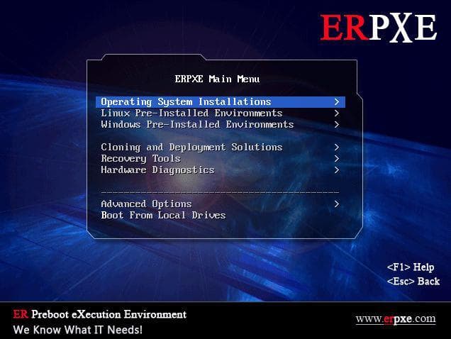 ERPXE main menu